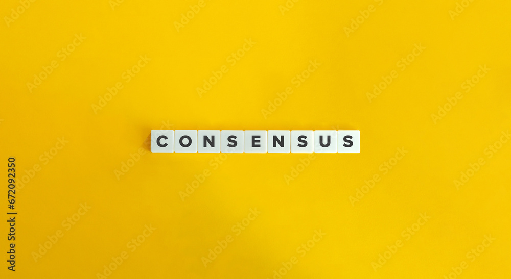 Consensus Word and Banner. Letter Tiles on Yellow Background. Minimal Aesthetic. - obrazy, fototapety, plakaty 