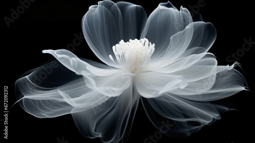 Monochrome x-ray image of an ethereal flower on black.