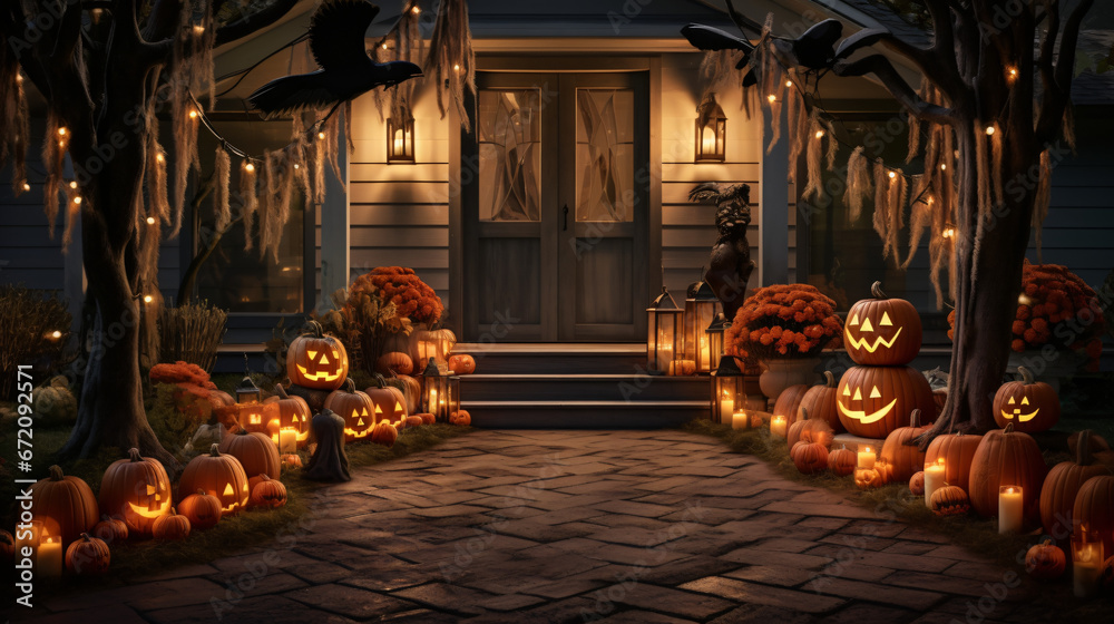 Spooky Halloween night decor illuminated outside