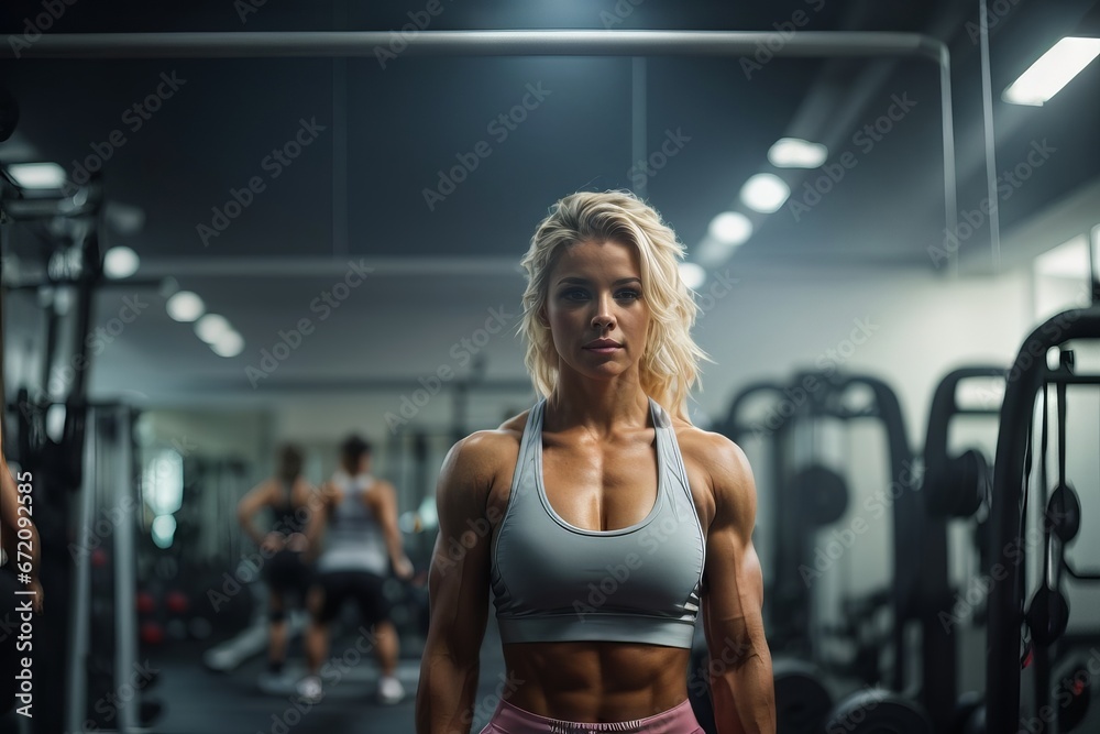 Beautiful blonde muscular athlete woman in gym. Healthy active lifestyle, sports, fitness concepts - obrazy, fototapety, plakaty 