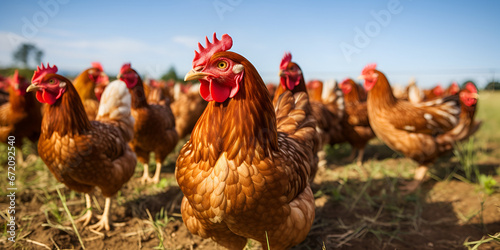 range chicken,Red chickens on a farm in nature. hens in a free range farm,Red chicken walking in paddock,generative AI