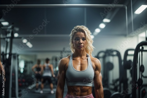 Beautiful blonde muscular athlete woman in gym. Healthy active lifestyle, sports, fitness concepts