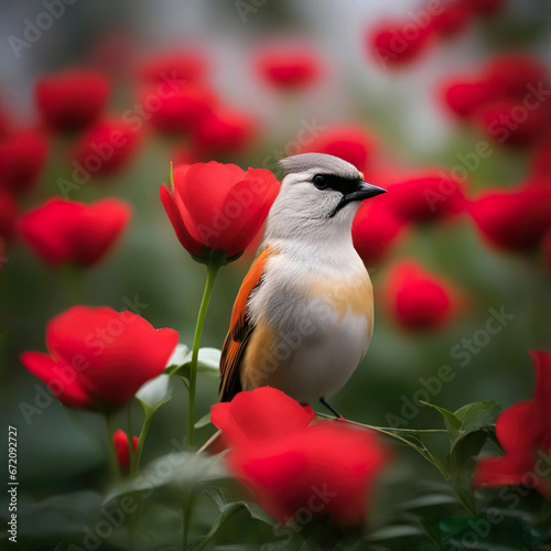 Pájaro blanco y naranja posado en un campo con flores rojas 