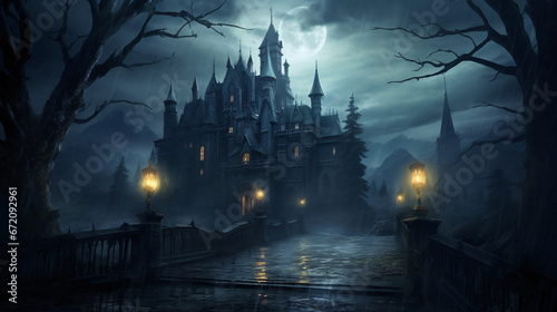 Spooky old gothic castle foggy night haunted mansion