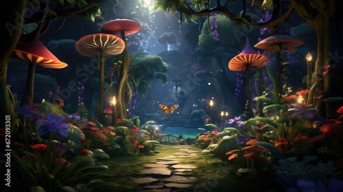 Luminous forest path with oversized mushrooms and glowing lights. Enchanted woodland ambiance.