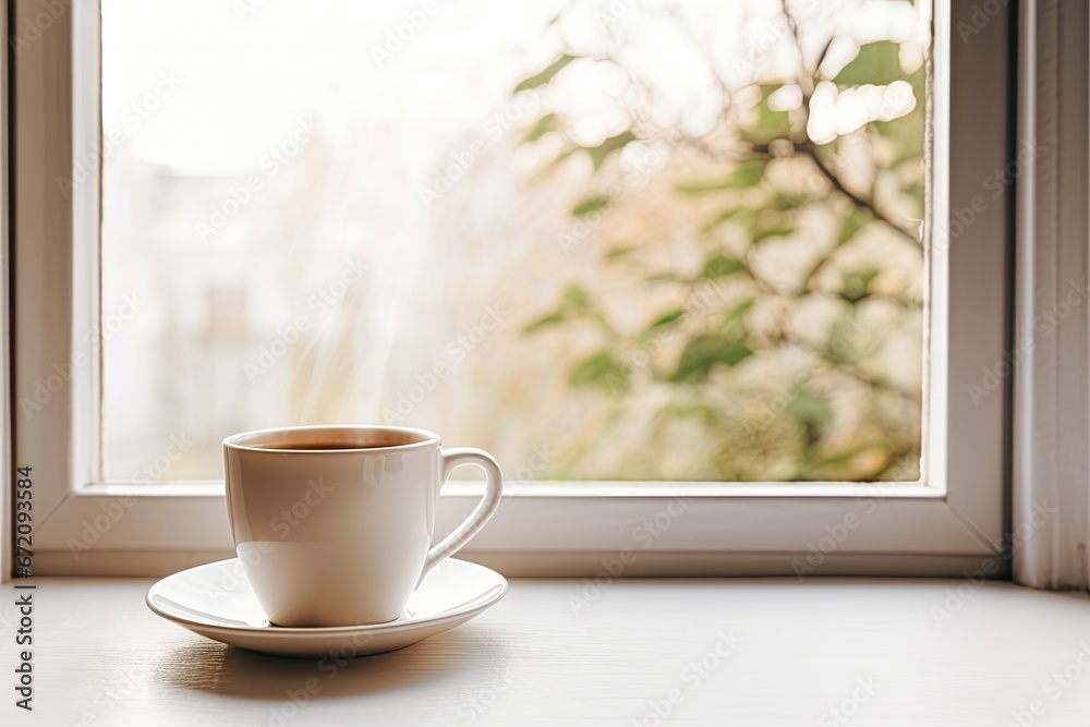 Winter morning brew. Cozy coffee cup by window. Festive aroma. Hot drink in wooden setting on cold day. Autumnal bliss. Wood table in nature embrace with hot beverage Winter morning brew. Cozy coffee cup by window. Festive aroma. Hot drink in wooden setting on cold day. Autumnal bliss. Wood table in nature embrace with hot beverage