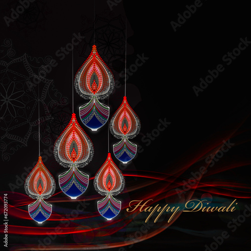 Happy Diwali greetings Artwork in various bright colours and diya lamp in shaded background