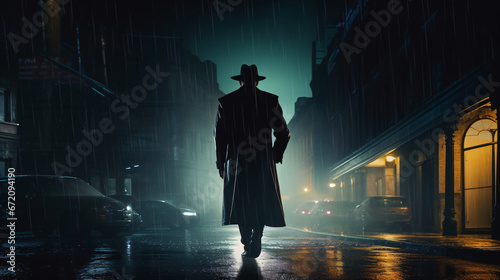 Noir-style male detective in coat and hat on a rainy night street.