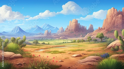 Fluffy clouds casting shadows on red rock formations and lush greenery. Desert oasis concept.
