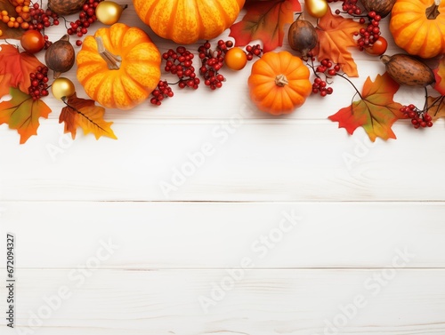 Pumpkin  autumn leaves  berries on white wooden bacground. Autumn and thanksgiving concept
