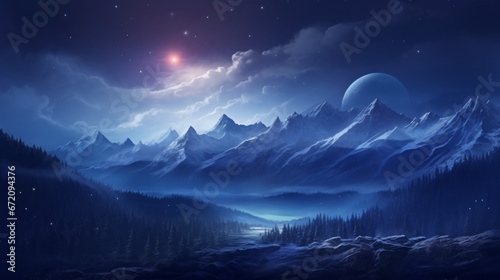 Night mountains landscape with moonlight