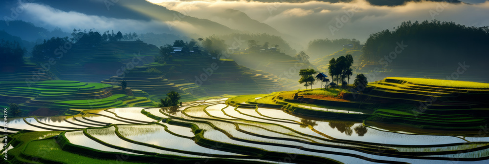 High panoramic view of beautiful green rice paddy fields in Asia. Stunning travel background - obrazy, fototapety, plakaty 