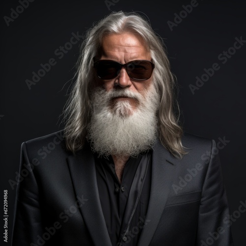 a man with long white hair and a beard wearing sunglasses