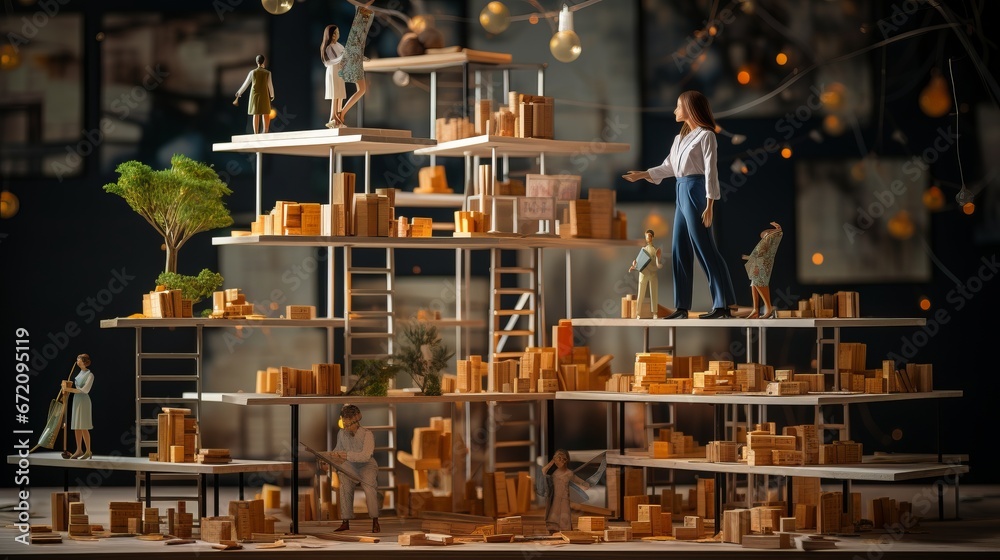 a miniature model of a building with many small wooden objects