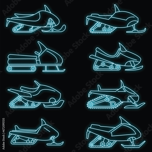 Mountain snowmobile icon set. Outline set of mountain snowmobile vector icons neon color on black