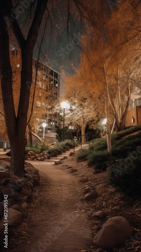 a path with stairs and trees at night