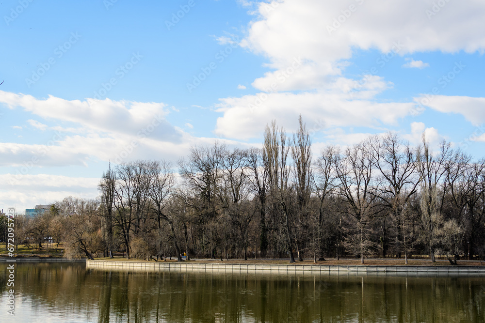 Obraz premium Landscape with large old trees near Herastrau lake in King Michael I Park (Herastrau) in Bucharest, Romania, in a sunny winter day