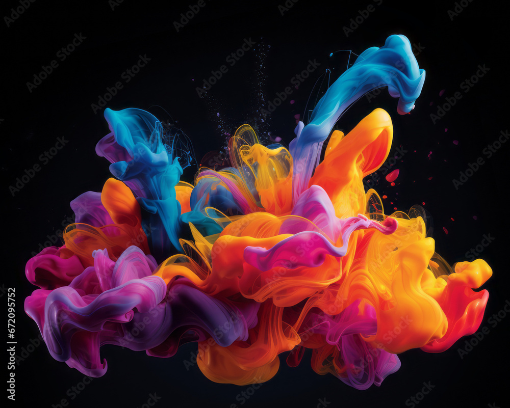 Obraz premium Color blending into a swirling liquid flow against a black background, featuring vibrant illustrations and hyper-realistic details.