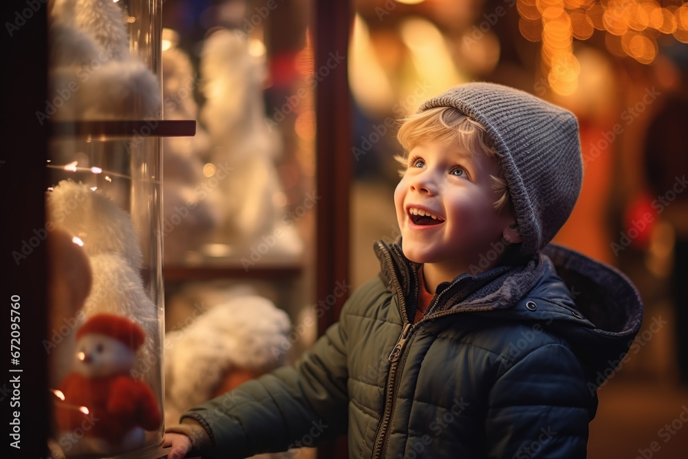 Excited child looking into the window of a christmas shop with bokeh lights