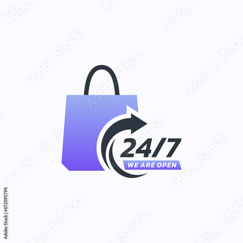 Twenty four hour shop service logo design vector. Shopping anytime symbol template.