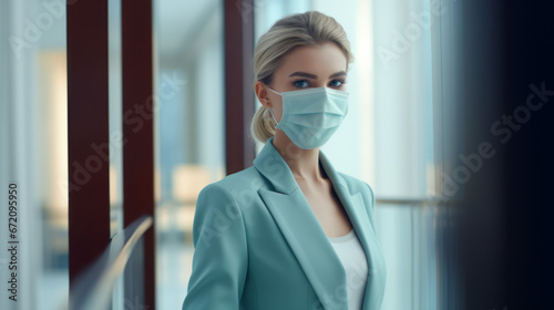A masked businesswoman in an office setting, captured in a hurufiyya style with soft lighting and elegant clothing. photo