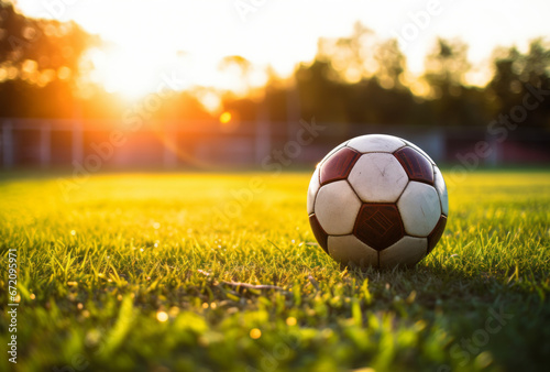 A football resting on grass near a sunset, evoking classic Americana with a lens flare. © Duka Mer