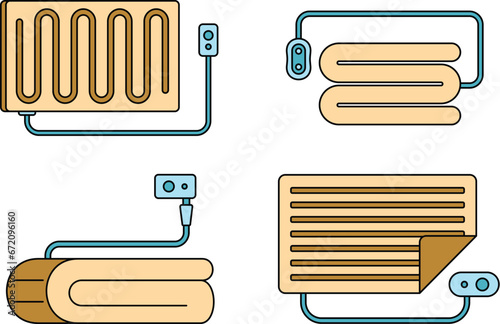 Heated blanket icon set. Outline set of heated blanket vector icons thin line color flat on white