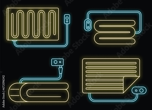 Heated blanket icon set. Outline set of heated blanket vector icons neon color on black
