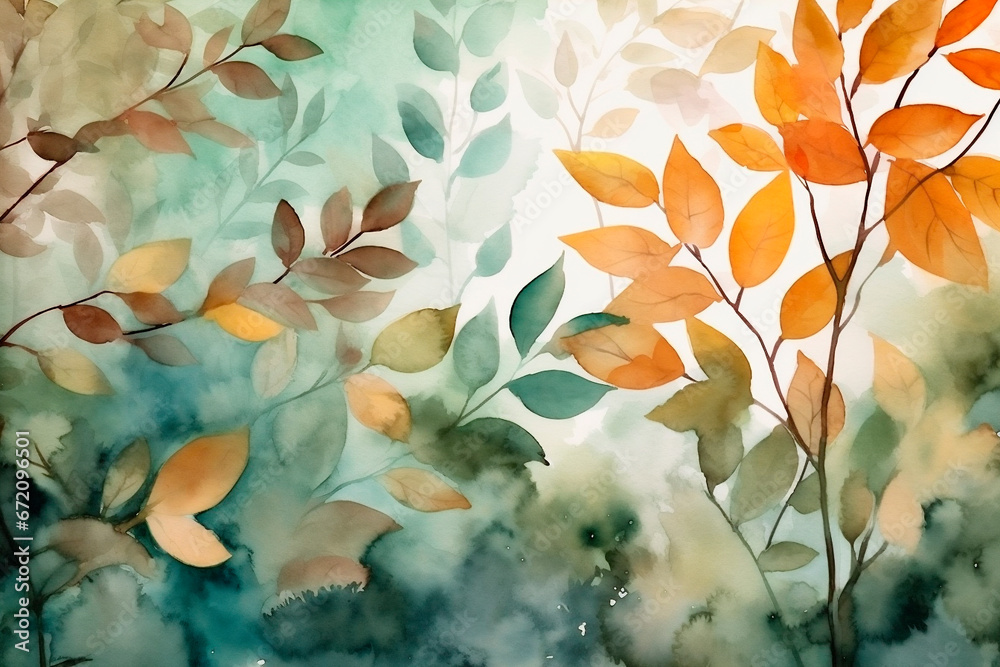 Generative AI illustration of a watercolor autumn leaves an branches painting background Generative AI illustration of a watercolor autumn leaves an branches painting background
