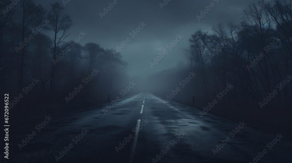Panoramic dark empty two-lane quiet foggy road.