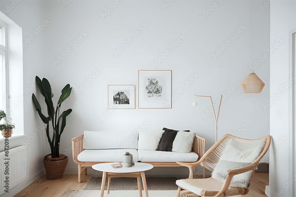 Home mockup, white room with natural wooden furniture, Scandi-Boho style in cozy neutral. Modern living room Home mockup, white room with natural wooden furniture, Scandi-Boho style in cozy neutral. Modern living room