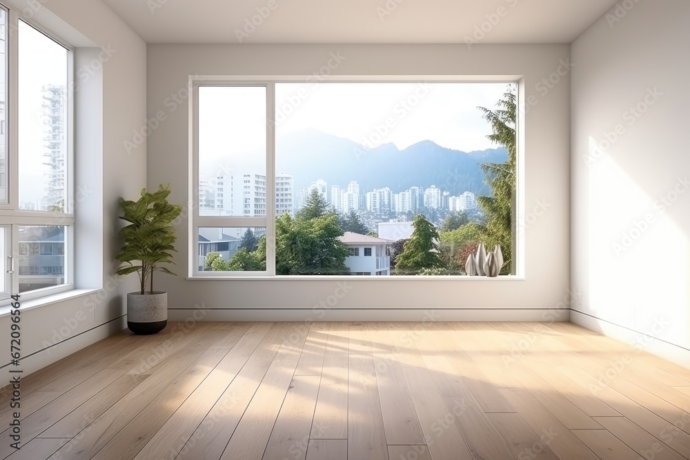 Empty modern room with white walls and large windows Minimalist interior design in a luxury apartment The space is clean and contemporary by Generative AI Empty modern room with white walls and large windows Minimalist interior design in a luxury apartment The space is clean and contemporary by Generative AI