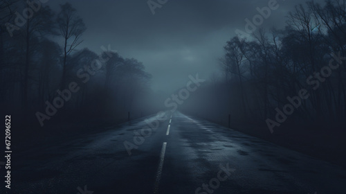 Panoramic dark empty two-lane quiet foggy road.
