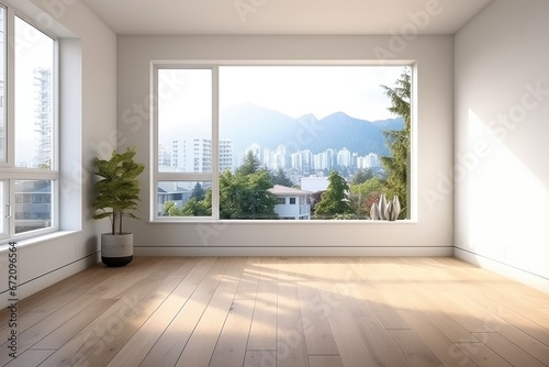 Empty modern room with white walls and large windows Minimalist interior design in a luxury apartment The space is clean and contemporary by Generative AI