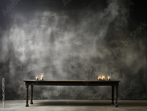 Concentrate floor with mist or fog. Interior texture for displaying products in a studio room with a dark, black, and gray abstract cement wall.
