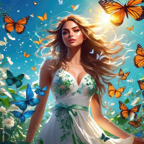A girl in a magical forest surrounded by butterflies