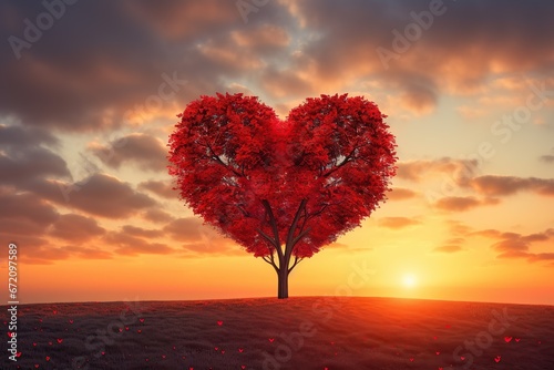 Red heart shaped tree at sunset  love tree   happy Valentine day 