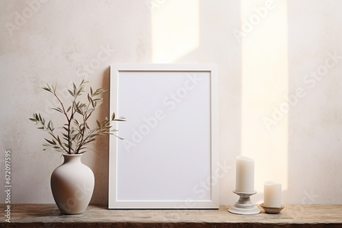 Blank frame styled mockup photo, vertical, blank frame for art display, minimalist, clean, elegant, white frame
