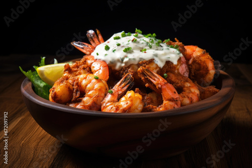 Crunchy fried shrimps in a bowl topped with white sauce close up
