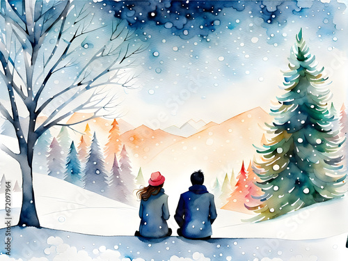 Watercolor painting of a couple sitting together from the back in forest winter landscape