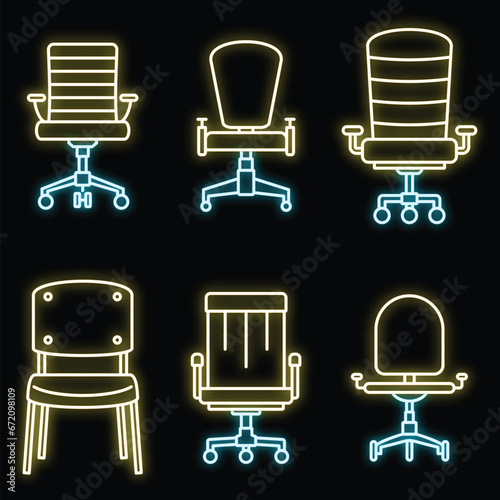 Modern desk chair icons set. Outline set of modern desk chair vector icons neon color on black