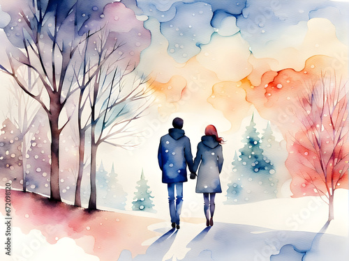 Watercolor couple hand in hand walking in winter landscape background