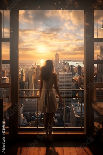 a woman standing in front of a window overlooking a city © Aliaksandr Siamko