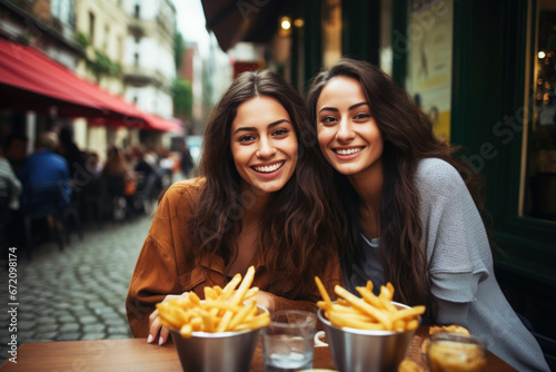 Two female friends enjoying tasty French fries in street restaurant © pilipphoto
