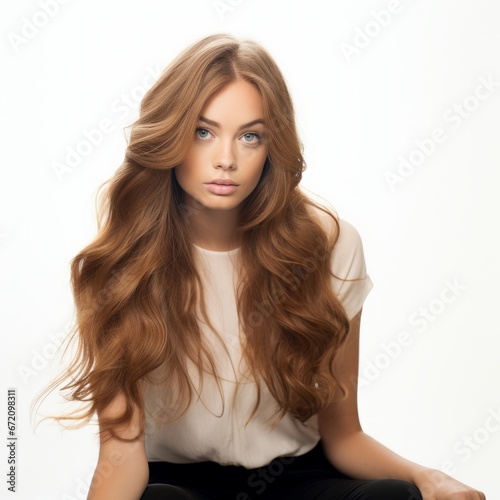 a woman with long hair sitting on a white surface