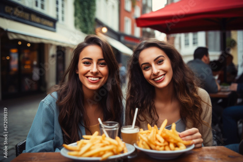 Two female friends enjoying tasty French fries in street restaurant