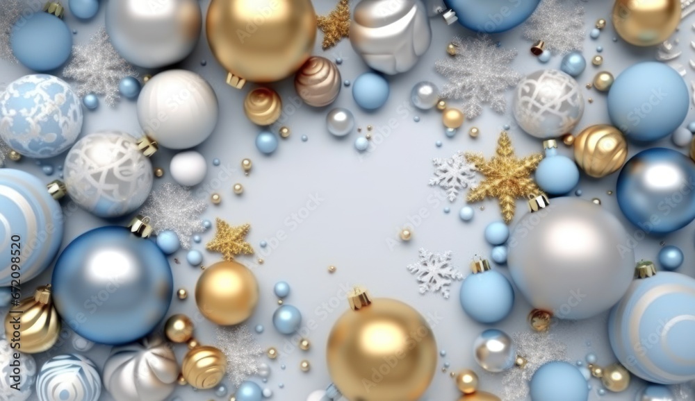 Christmas decorations on light background. Space for text top view. Generative AI
