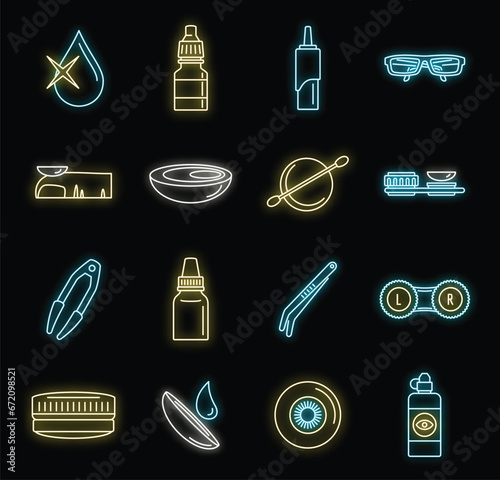 Optical contact lens icon set. Outline set of optical contact lens vector icons neon color on black