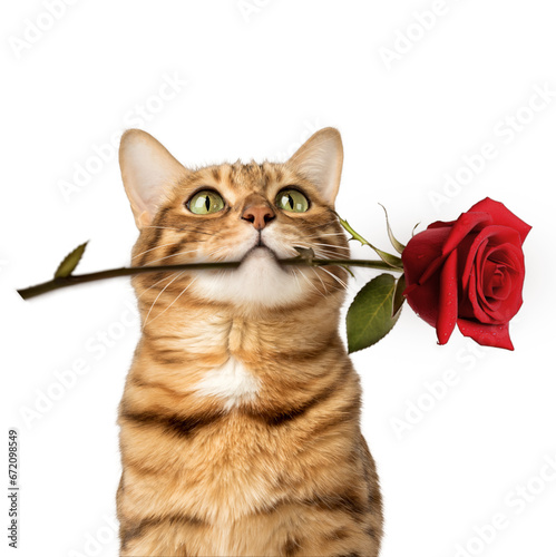 Fototapeta Naklejka Na Ścianę i Meble -  Charming Bengal cat with a rose in his teeth on a transparent background.