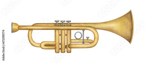Trumpet watercolor illustration. Musical instrument isolated on white background